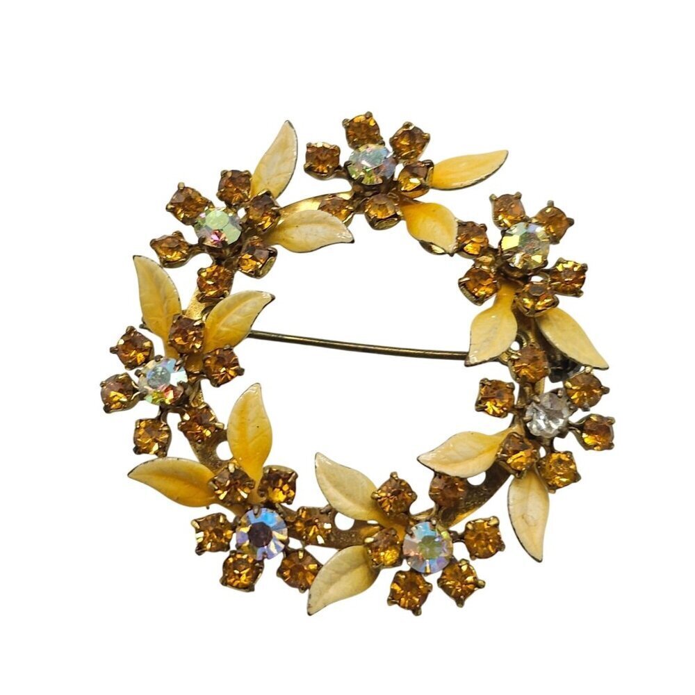 Vintage Floral Wreath Brooch With Yellow Enamel Amber Rhinestones 2 Inches